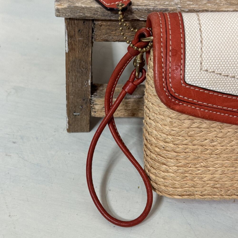 Coach Straw Leather Burnt Red Clutch Wristlet With Turnlock - Picture 9 of 12